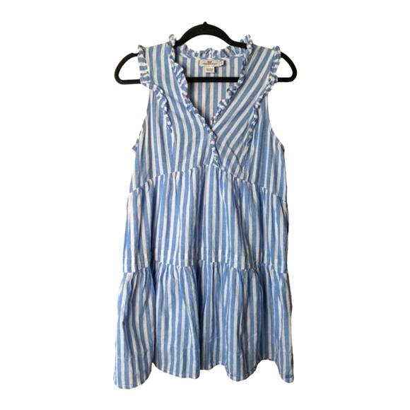 Vineyard Vines Linen Blend Outlet Stripe Tiered Ruffle Dress Women's M Blue - Picture 1 of 10